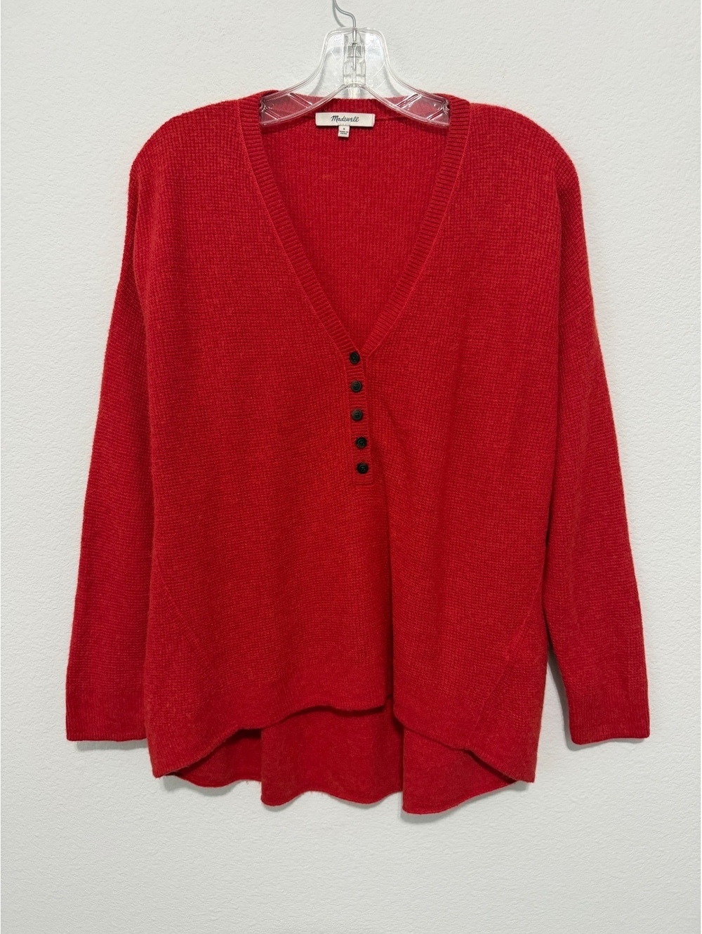 Madewell Button V-Neck Waffle Knit Hi-Low Rust Orange Pullover Sweater Size S